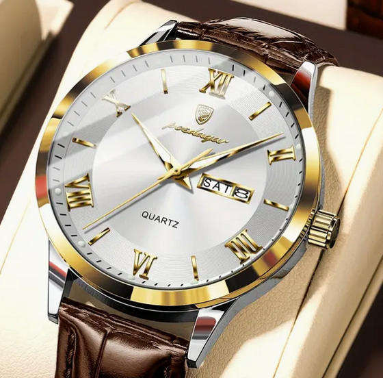 POEDAGAR Quartz Watch with Date and Day Calendar - Brown Leather Strap