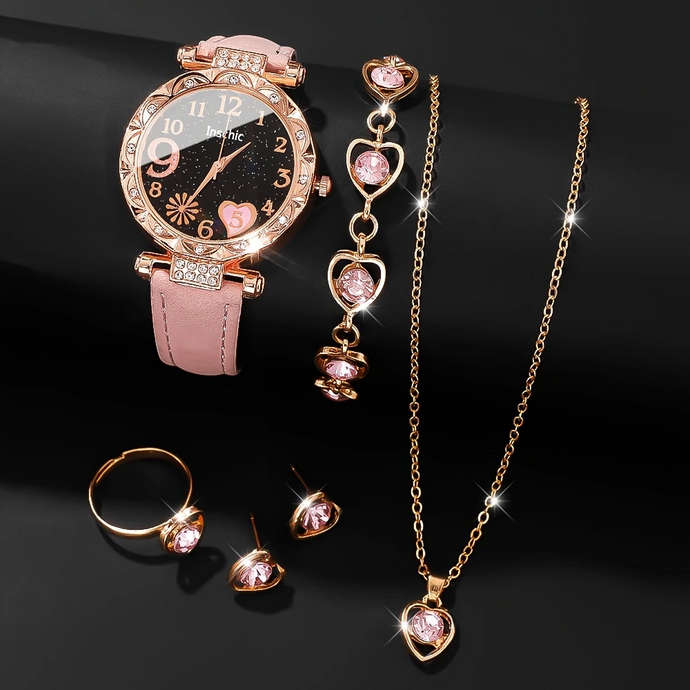Watch and Jewellery Set - Pink and Rose Gold