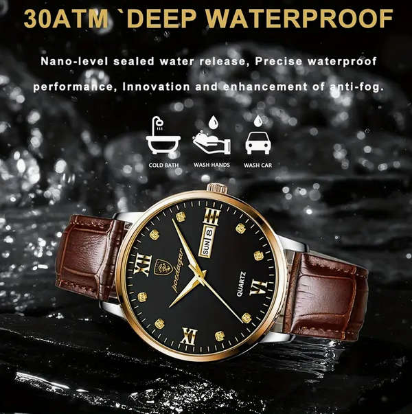 POEDAGAR Quartz Watch with Calendar and  Brown Leather Strap