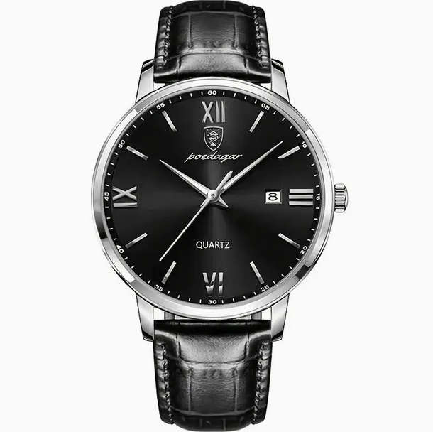 POEDAGAR Quartz Watch with Calendar and Black Leather Strap