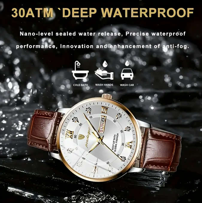 POEDAGAR Quartz Watch with Calendar and Black Leather Strap