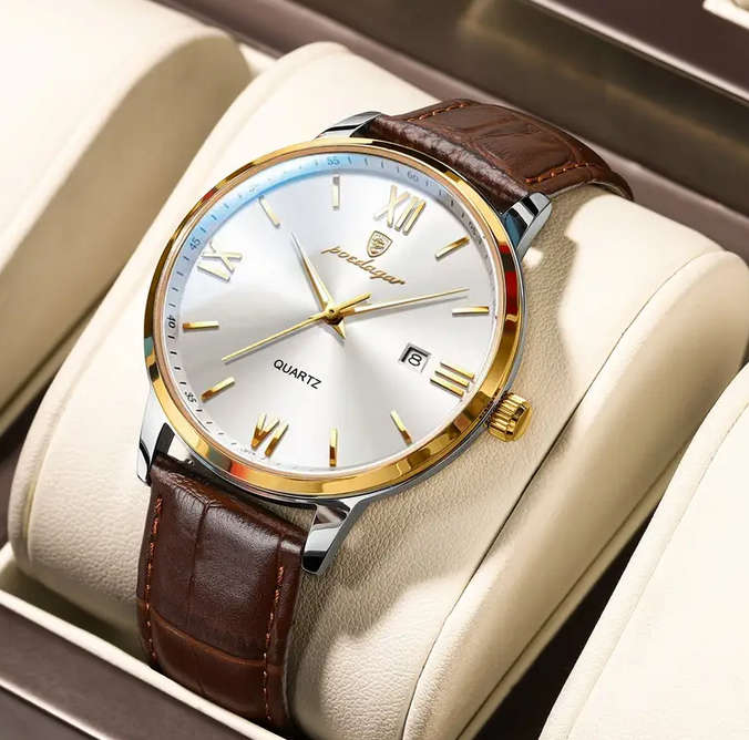 POEDAGAR Quartz Watch with Calendar and  Brown Leather Strap