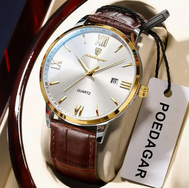 POEDAGAR Quartz Watch with Calendar and  Brown Leather Strap