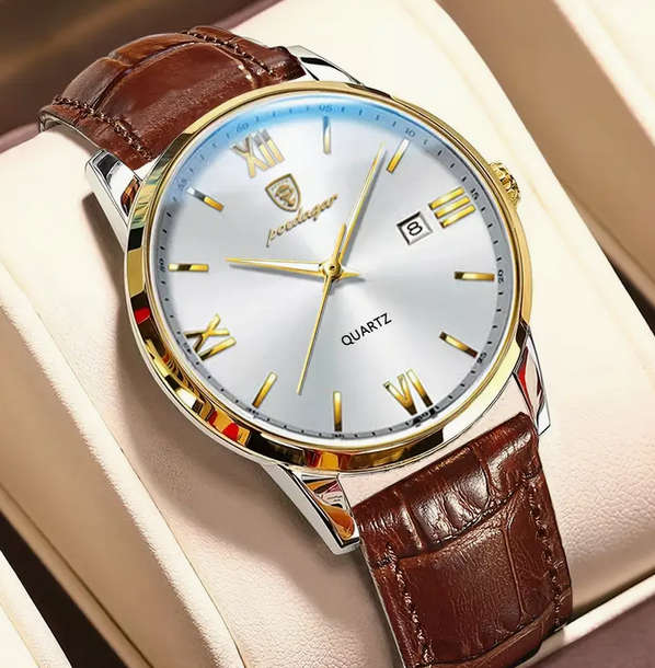POEDAGAR Quartz Watch with Calendar and  Brown Leather Strap