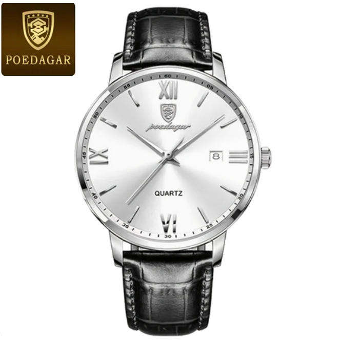 POEDAGAR Quartz Watch with Date Calendar - Black Leather Strap