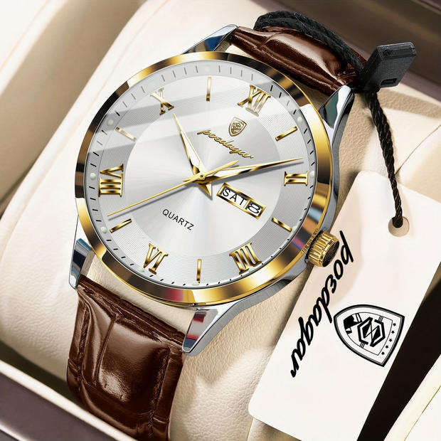 POEDAGAR Quartz Watch with Date and Day Calendar - Brown Leather Strap