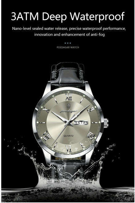 POEDAGAR Quartz Watch with Day and Date Calendar - Black Leather Strap