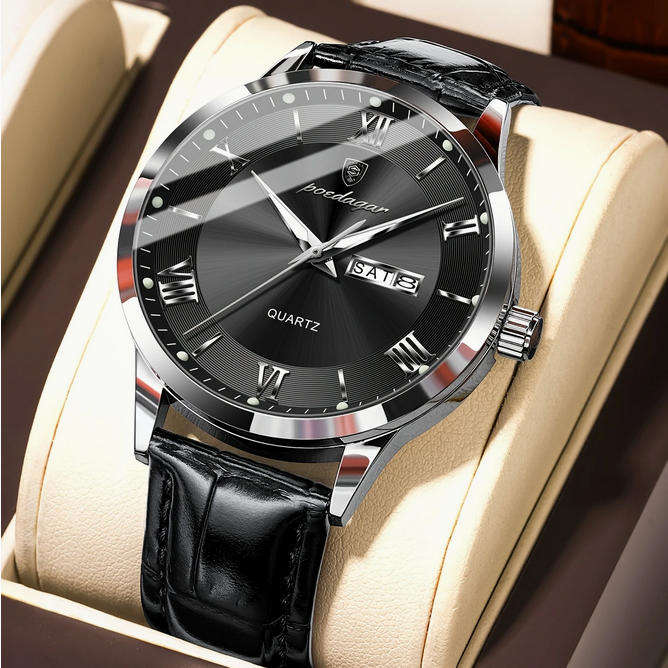 POEDAGAR Quartz Watch with Day and Date Calendar - Black Leather Strap