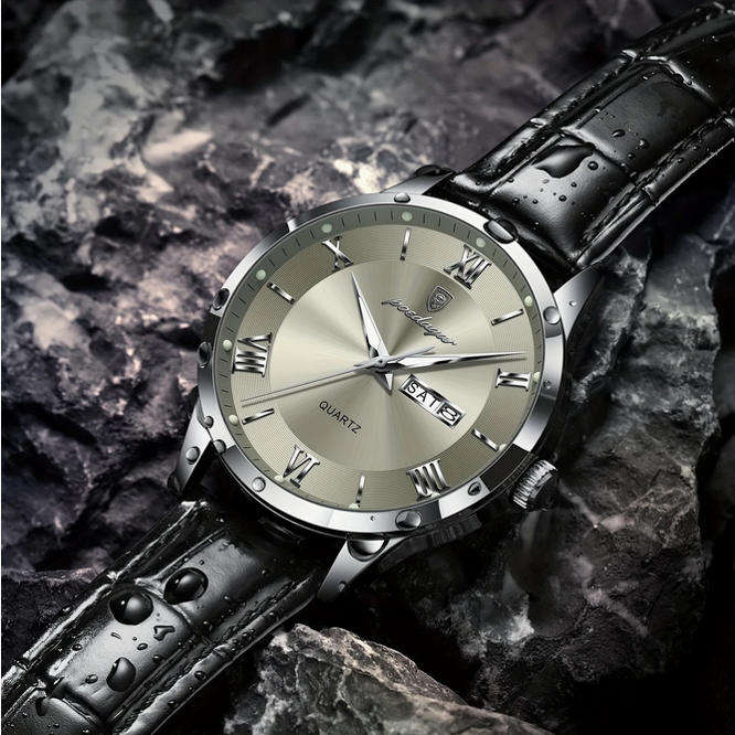 POEDAGAR Quartz Watch with Day and Date Calendar - Black Leather Strap