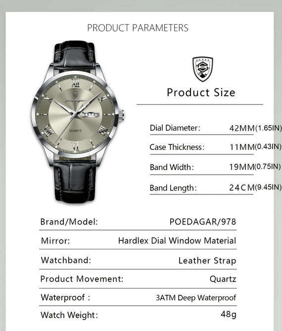 POEDAGAR Quartz Watch with Day and Date Calendar - Black Leather Strap