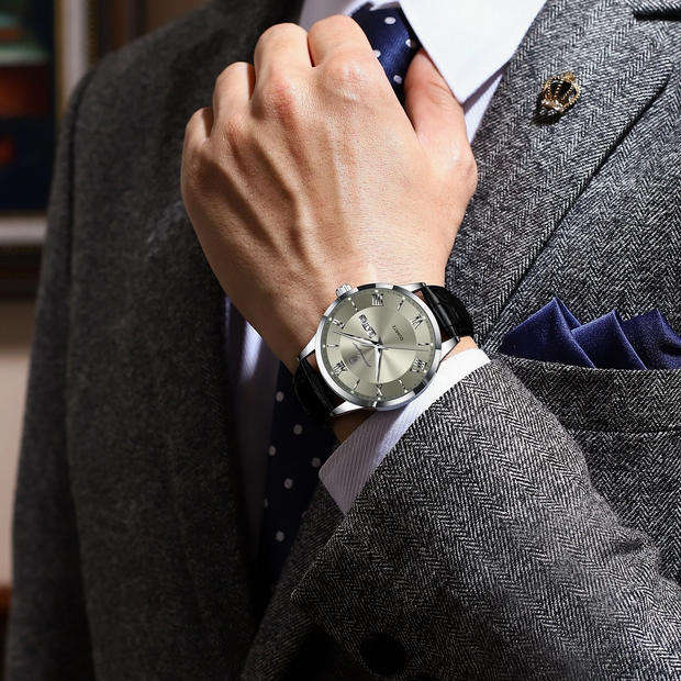 POEDAGAR Quartz Watch with Day and Date Calendar - Black Leather Strap