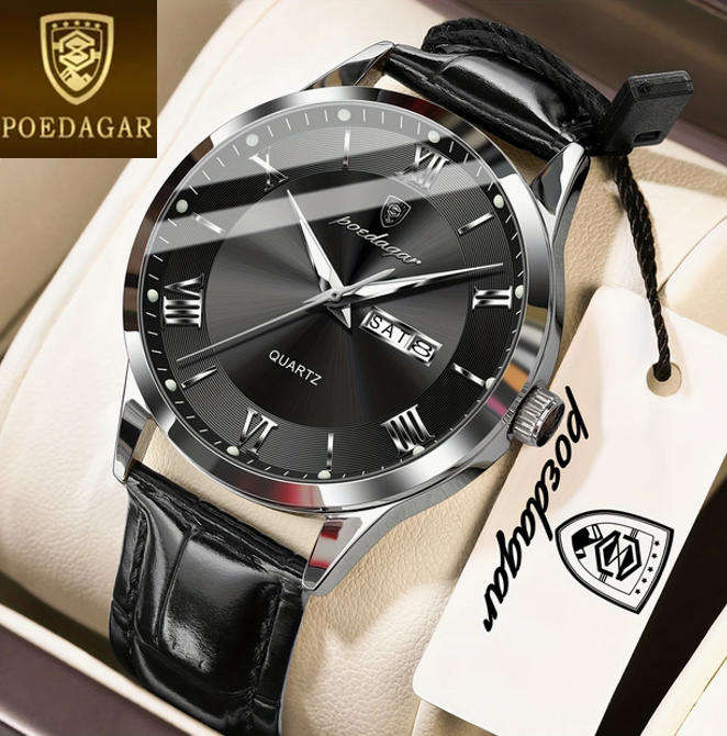 POEDAGAR Quartz Watch with Day and Date Calendar - Black Leather Strap