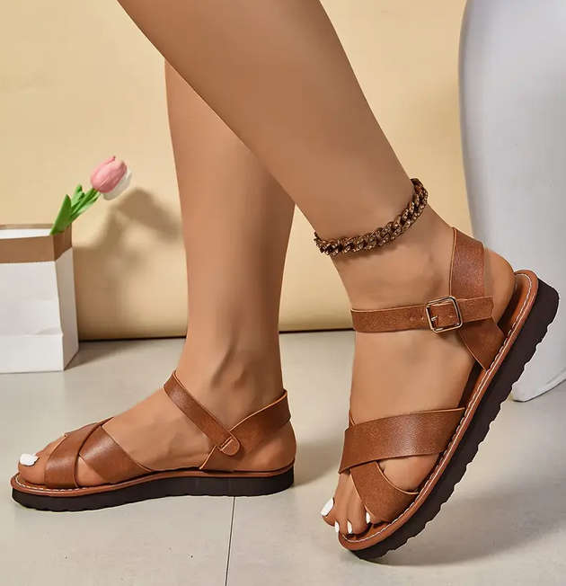 Elegant Cross Strap Sandals with Ankle Strap for ladies Tan Color Size 6