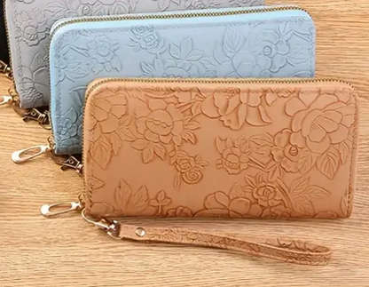 Watch and Floral Embossed Wallet - Tan
