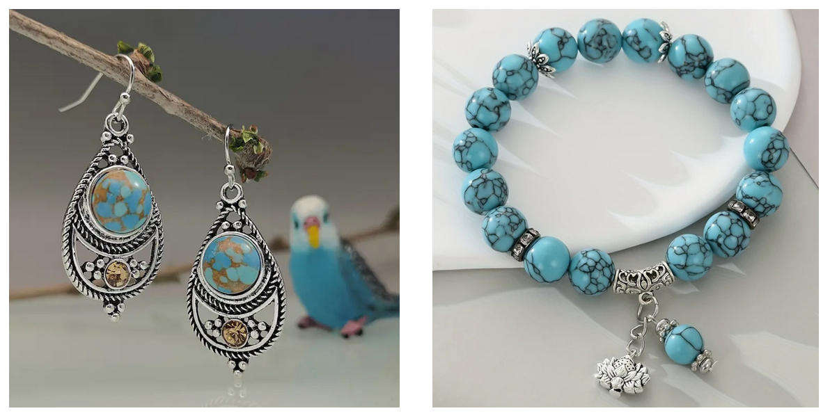 Vintage Style Earrings and Bracelet Set - Turquoise