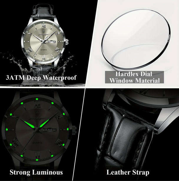 POEDAGAR Quartz Watch with Day and Date Calendar - Black Leather Strap