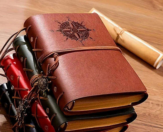 Vintage Compass Embossed Journal with Wrap Closure - Brown