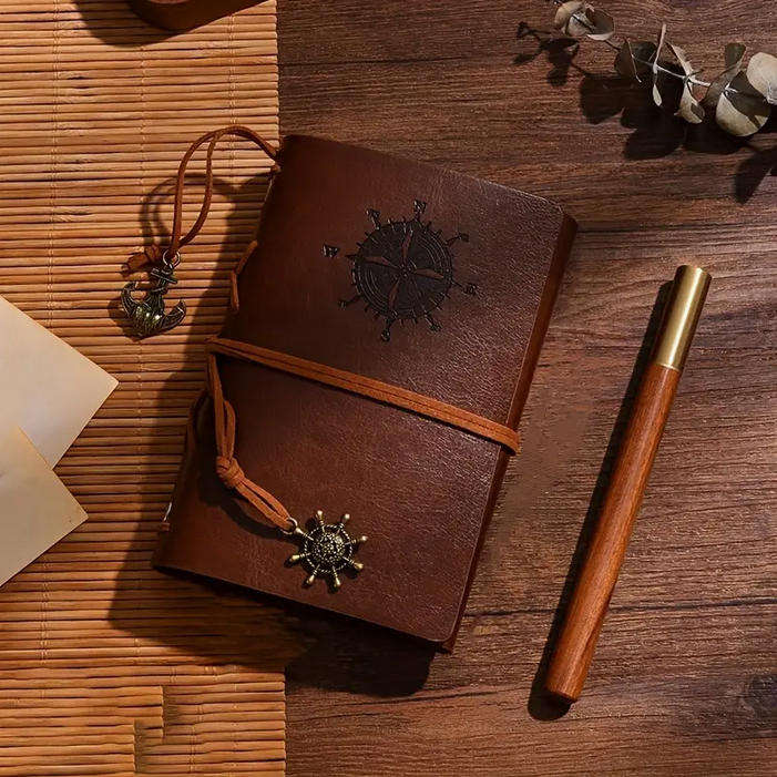Vintage Compass Embossed Journal with Wrap Closure - Brown