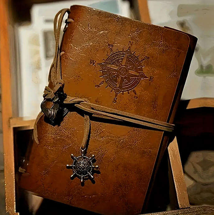 Vintage Compass Embossed Journal with Wrap Closure - Brown