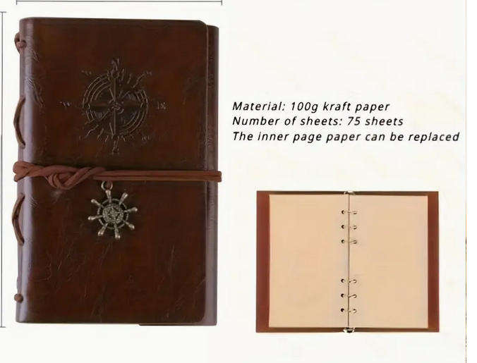 Vintage Compass Embossed Journal with Wrap Closure - Brown