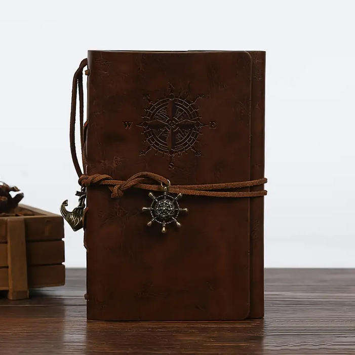 Vintage Compass Embossed Journal with Wrap Closure - Brown