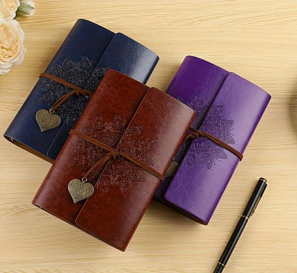 Vintage Heart Embossed Journal with Wrap Closure - Brown