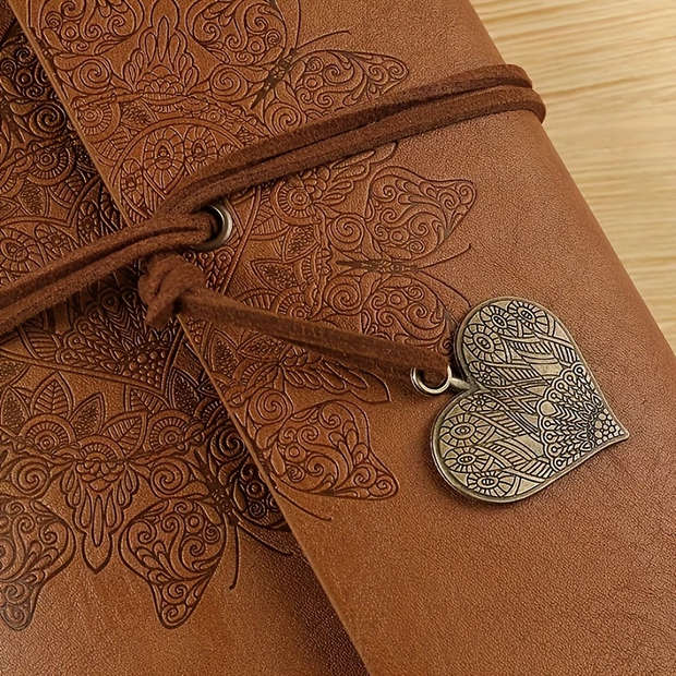 Vintage Heart Embossed Journal with Wrap Closure - Brown