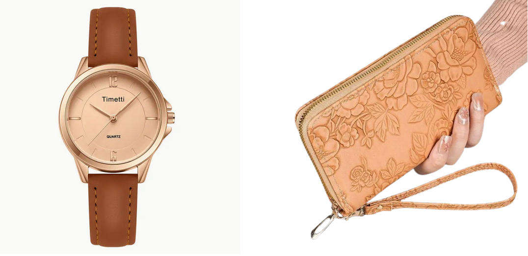 Watch and Floral Embossed Wallet - Tan