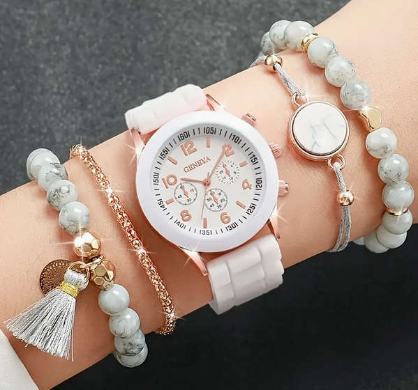 Watch and Bracelet Set - White and Rose Gold