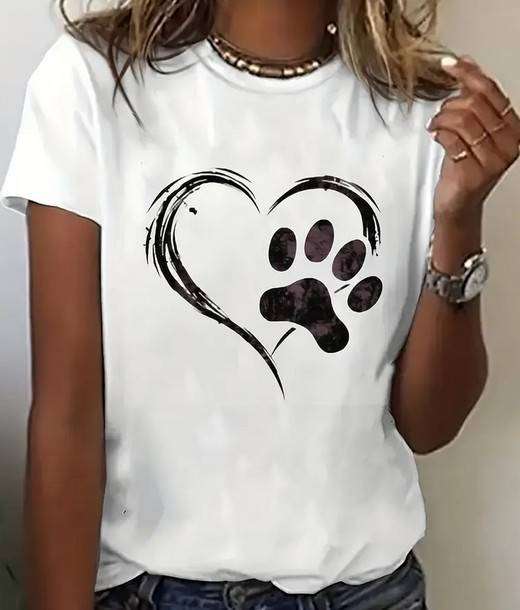 Heart and Paw Print Crew Neck T-Shirt - Large
