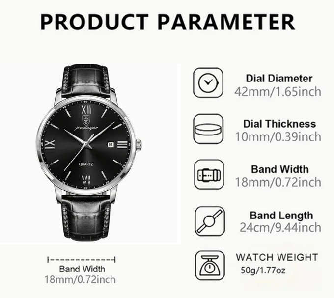 POEDAGAR Quartz Watch with Calendar and Black Leather Strap
