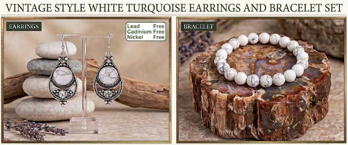 Vintage Style Earrings and Bracelet Set - White