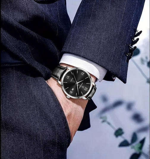 POEDAGAR Quartz Watch with Calendar and Black Leather Strap