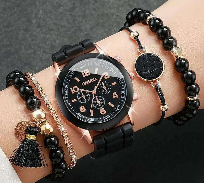 Watch and Bracelet Set - Black and Rose Gold