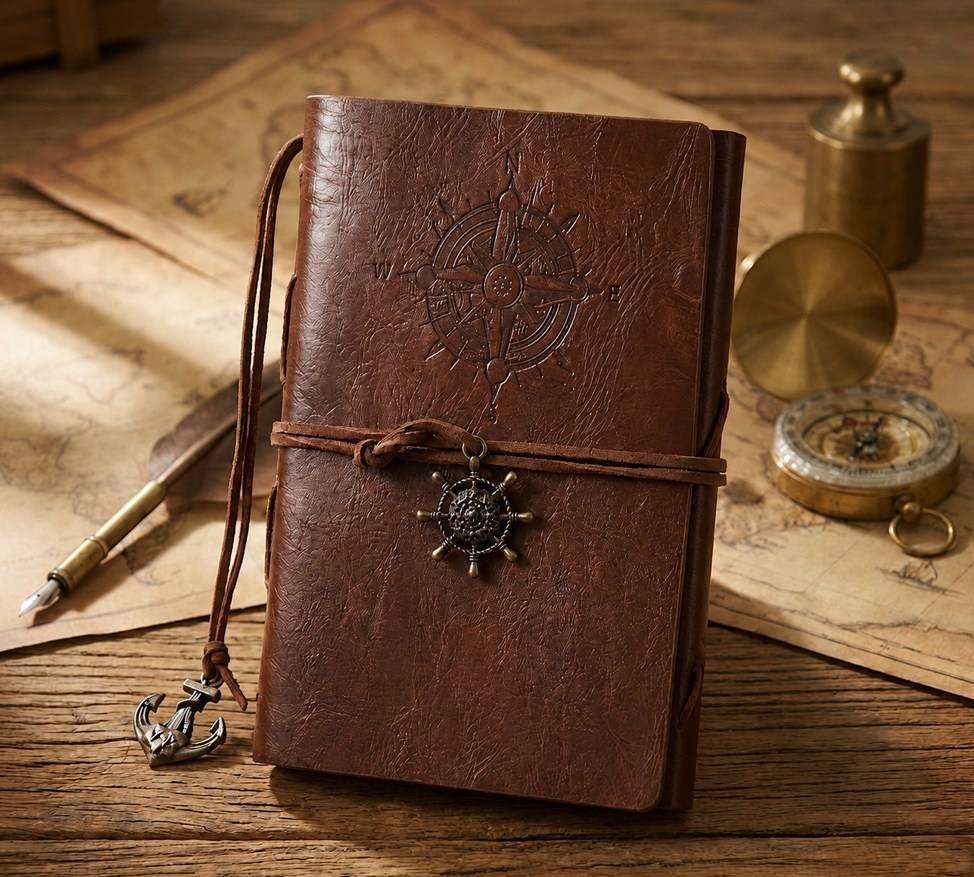 Vintage Compass Embossed Journal with Wrap Closure - Brown