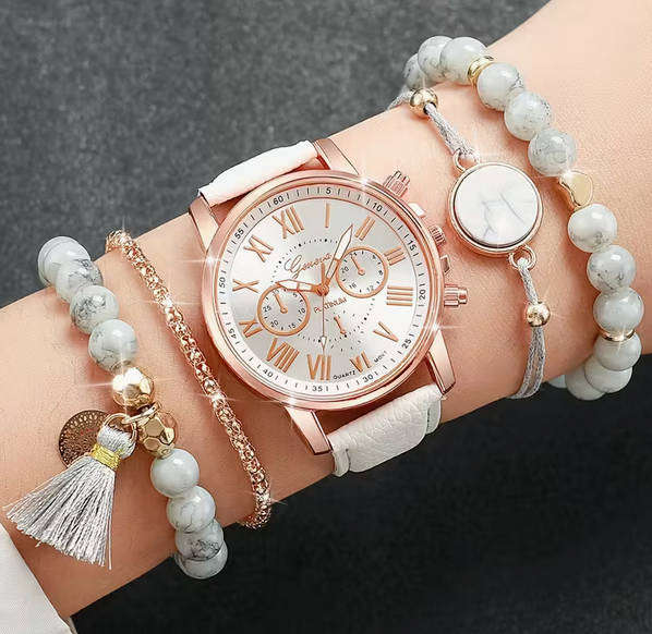 Watch and Bracelet Set - White and Rose Gold