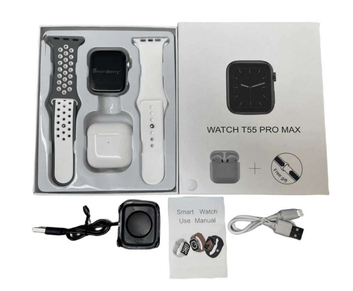 T55 Pro Max Smart Watch with Earbuds & Double Strap - White