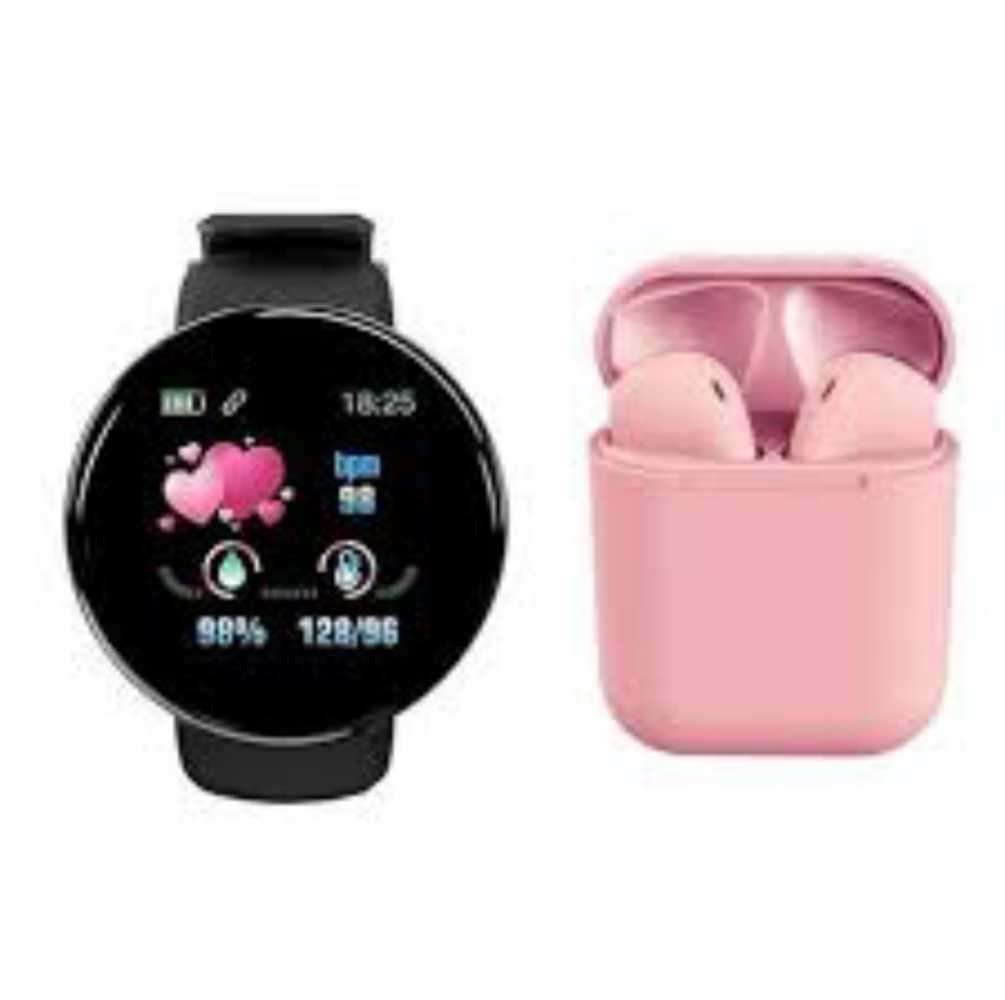Smart Watch/Bracelet with i12 TWS  Wireless Bluetooth Ear pods. Black and Pink