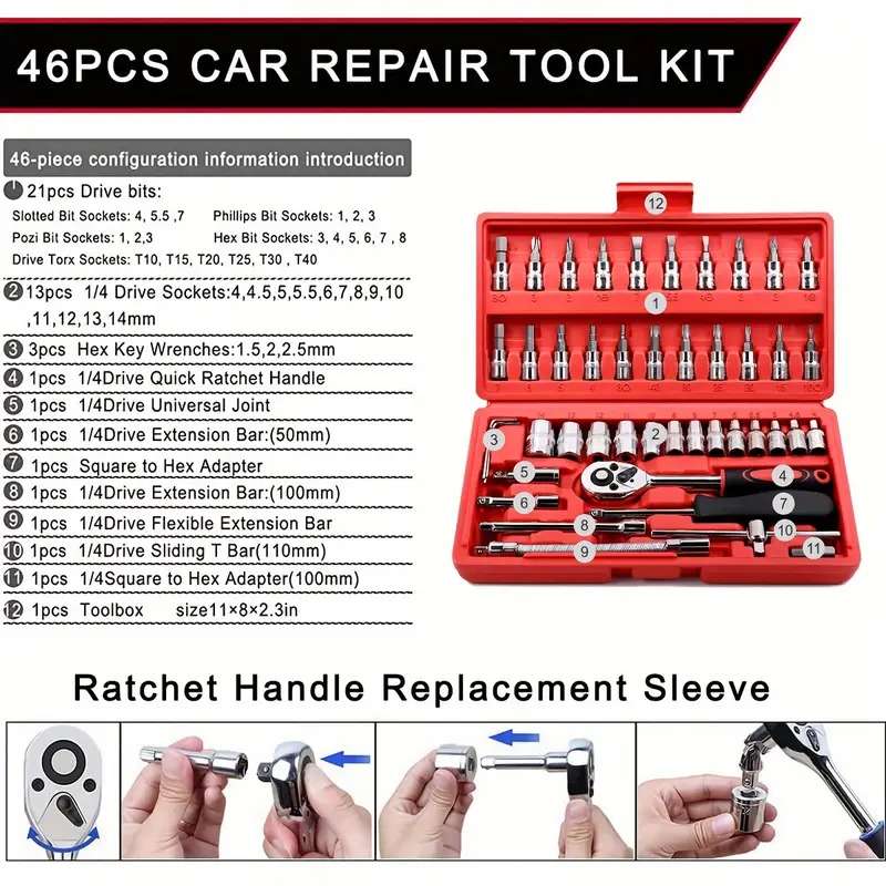 46-Piece Comprehensive Car Repair Tool Kit - 1/4 Inch Drive Socket Ratchet Wrench Set Auto Repairing