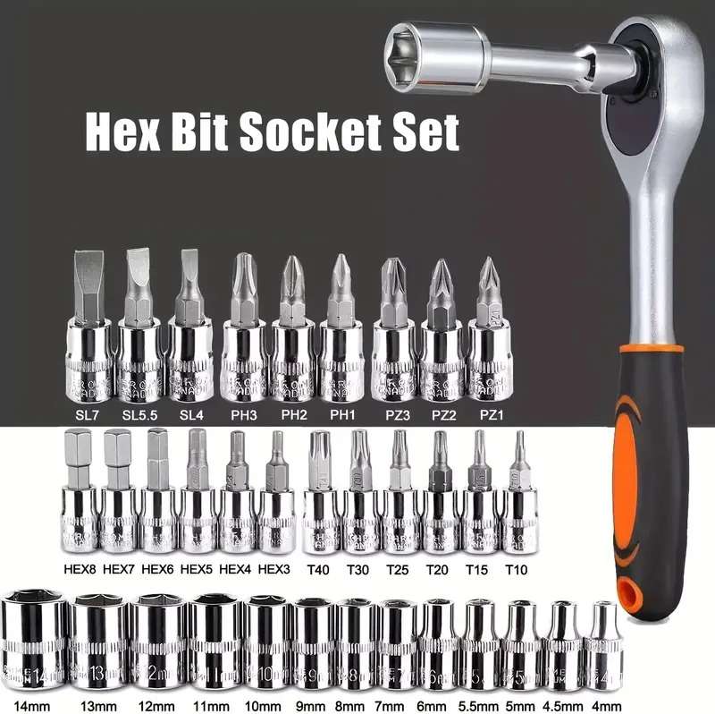 46-Piece Comprehensive Car Repair Tool Kit - 1/4 Inch Drive Socket Ratchet Wrench Set Auto Repairing