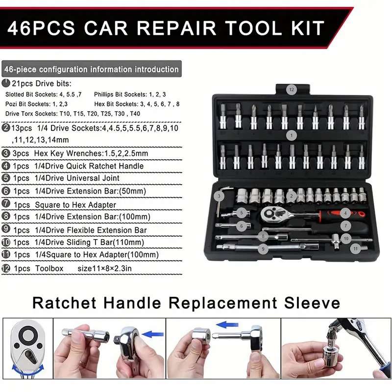 46-Piece Comprehensive Car Repair Tool Kit - 1/4 Inch Drive Socket Ratchet Wrench Set Auto Repairing