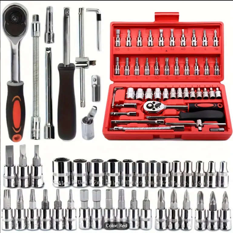 46-Piece Comprehensive Car Repair Tool Kit - 1/4 Inch Drive Socket Ratchet Wrench Set Auto Repairing