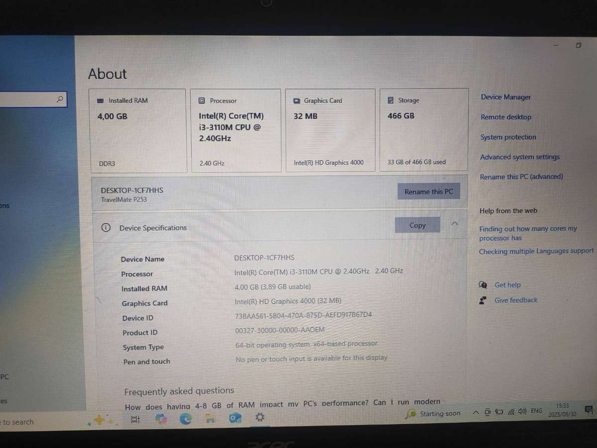 Acer Travelmate P253 Intel Core i3 Processor 15.6" Display 4GB RAM 500GB HDD WINDOWS 10