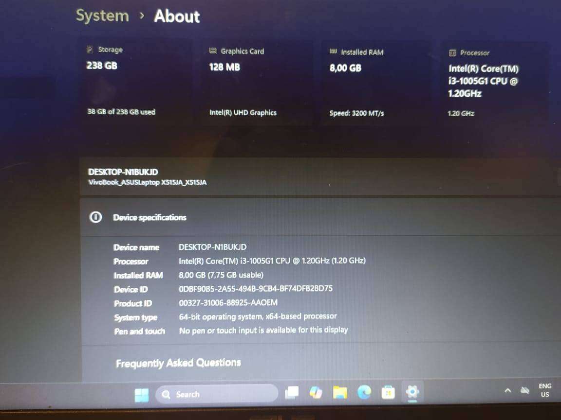 ASUS Vivobook X515 Intel 10th Gen CPU 15.6" FHD Display 8GB Ram 256GB SSD Windows 11