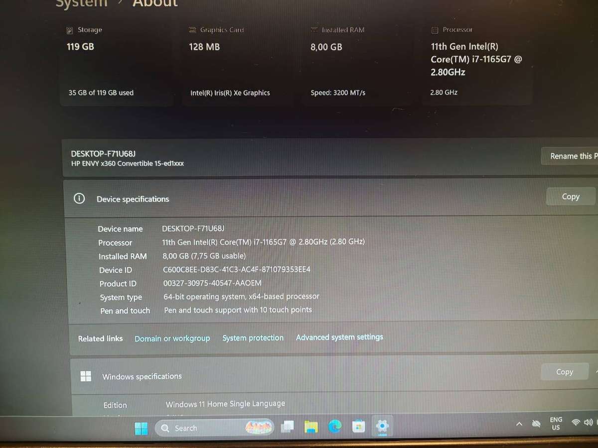 HP Envy X360 2in1 15.6" Display Intel Core i7 11th Gen Processor 8GB Ram 128GB SSD Windows 11
