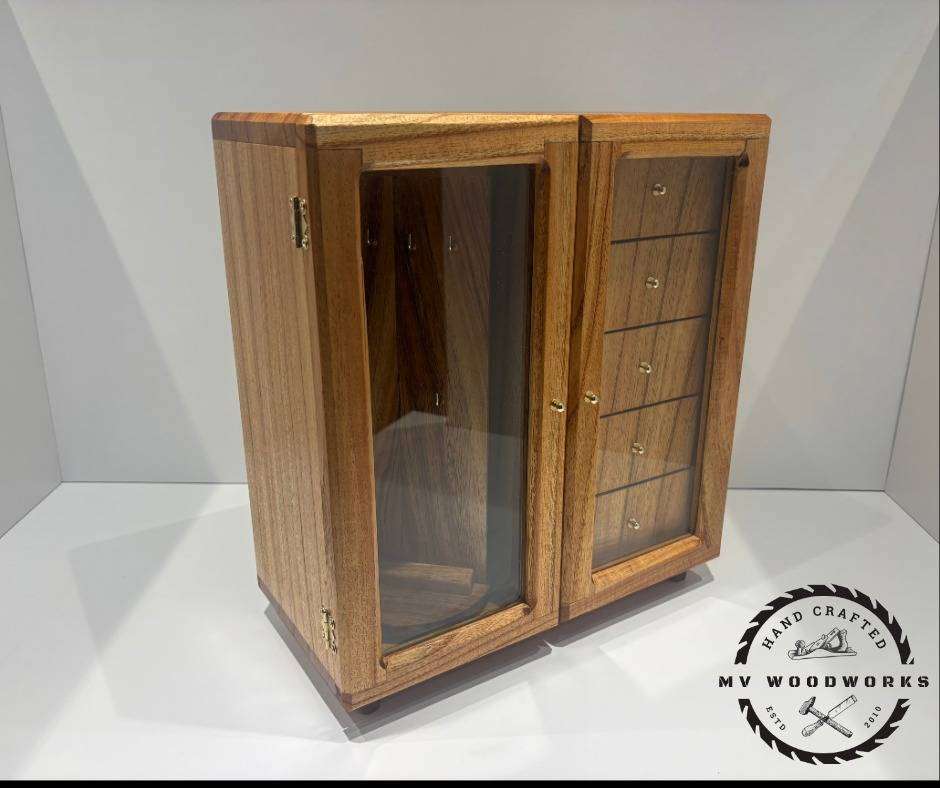 Handcrafted Jewellery Box with Glass Swing Doors and swing drawers