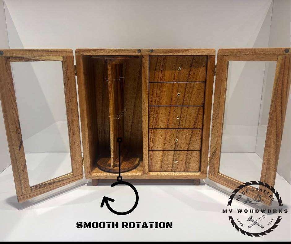 Handcrafted Jewellery Box with Glass Swing Doors and swing drawers