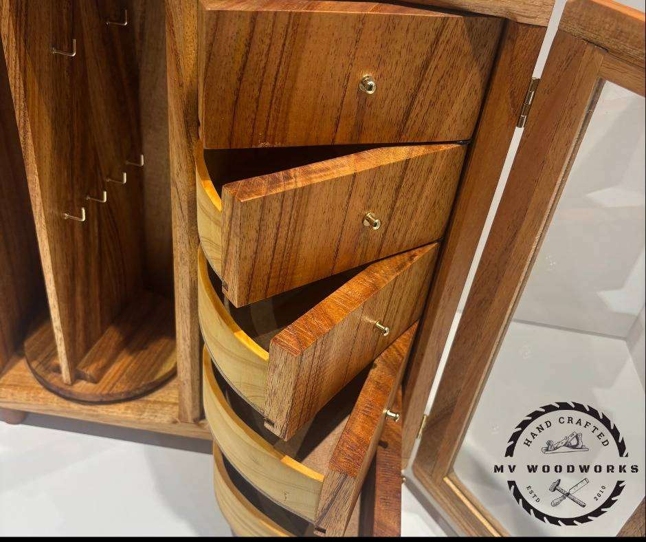 Handcrafted Jewellery Box with Glass Swing Doors and swing drawers