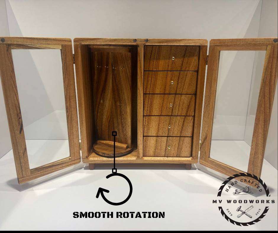 Handcrafted Jewellery Box with Glass Swing Doors and swing drawers