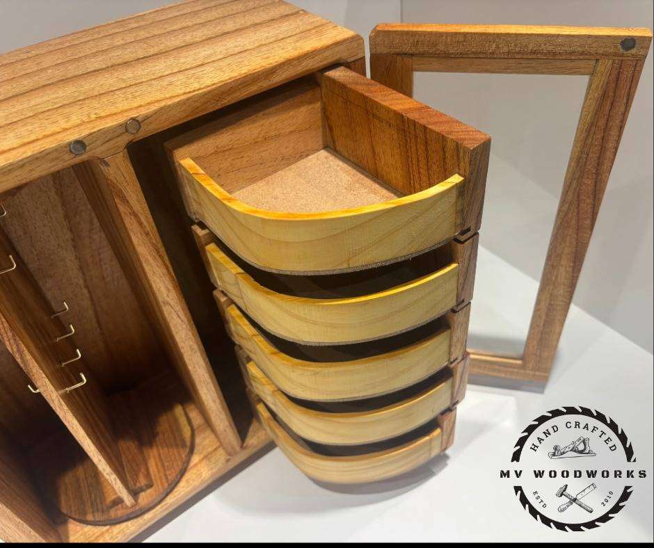 Handcrafted Jewellery Box with Glass Swing Doors and swing drawers